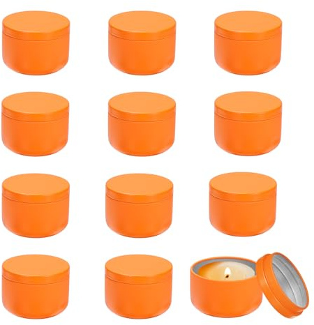sourcing map 3oz Candle Tins, 12pcs Metal Candle Tins Jars with Lids Round Empty Tin Can Containers Bulk for Storage Tea and Making DIY Arts Crafts Christmas Gifts, Orange