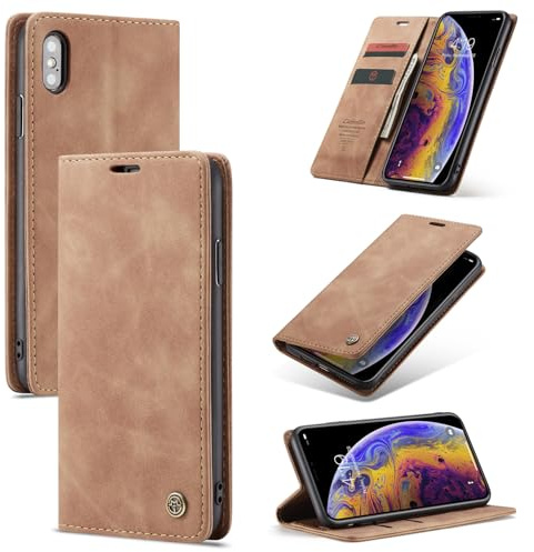 Ottcooed Handyhülle für iPhone X/iPhone XS Hülle, Premium Leder Flip Case, Magnet Klappbar Klapphülle Tasche, Standfunktion Kartenfach Wallet Schutzhülle für iPhone X/iPhone XS, Braun
