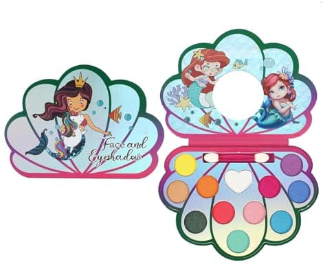Glitzernde Kinderschminke-Palette - 12-farbiges Lidschatten- und Rouge-Set, Faltbare Schminkbox für Mädchen, wasserlösbar, ungiftig