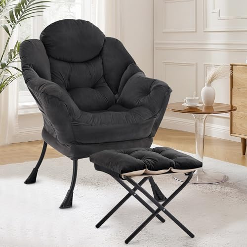 XH.Easy Go Fauteuil de Salon Scandinave Détente avec Poche Latérale, Fauteuil Lecture avec Repose-Pieds Confortable pour Chambre Salon Bureau,Noir