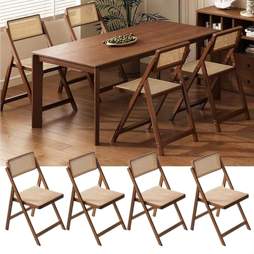 4er Set Esszimmerstühle Holz Klappstühle Rattan klappbar Küchenstühle ohne Armlehne Vintage Akzentstühle Gartenstühle für Esszimmer/Küche/Balkon,walnut