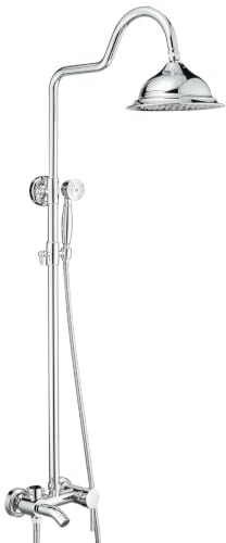 OUGOO Retro Duschsystem mit Armatur aus Messing, Edelstahl 207mm Kopfbrause | Duschgarnitur mit Duscharmatur, Duschstange und Handbrause aus Messing, Regendusche mit Armatur, Duschset für Badewanne Chrom