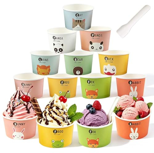 XIMEY Coupe de Glace, 60/100 Pièces Paper Ice Cream Cups, Pots à Glace, Disposable Bowl, Dessertcup, Bol Carton Jetable pour Desserts, Yaourts, Fruits et Fêtes d'Anniversaire (100, B)