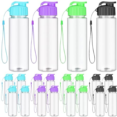 Xaztr Lot de 20 Gourdes Transparentes Sans BPA 530 ml avec Dragonne | Bouteilles d'Eau Réutilisables à Bouchon Anti-Fuite pour École, Sport, Fitness, Salle de Sport, Vélo et Voyage