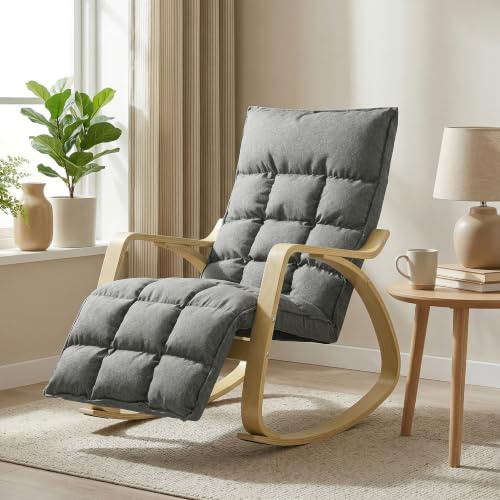 HOMCOM Schaukelstuhl Schaukelsessel mit Hoher Rückenlehne Grau | 5-Fach Verstellbare Fußstütze, Sessel Relaxsessel mit Leinenoptik, für Wohnzimmer, Schlafzimmer