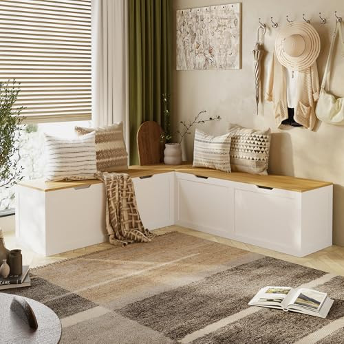 PREMTURE L-Shape Corner 160cm Shoe Bench with 4 Lift-up Storage Compartments, Modern Wooden Hallway Bench Seating & Banquette Dining Trunk, White and Oak