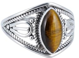 mantraroma Tigerauge Ring Damen 925 Sterling Silber – ellipsenförmiger Cabochon Edelstein Ring im Vintage Design, eleganter Statement Silberring