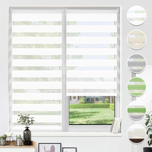 HOMEDEMO Store Enrouleur Jour Nuit sans Perçage, Double Tissu avec Clips, Rideau Occultant pour Fenêtre & Porte, 90 x 200 cm (Largeur du Tissu 86 cm), Blanc