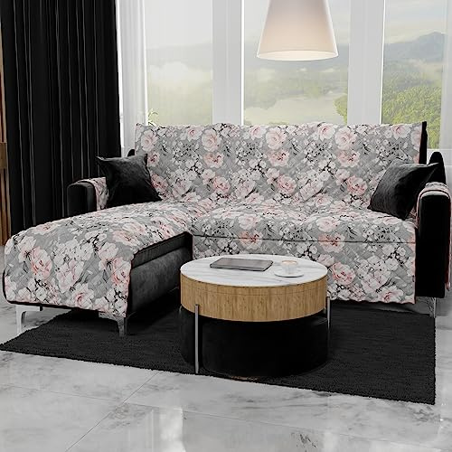 PETTI Artigiani Italiani - Ecksofa, Sofabezug mit Halbinsel, 4-Sitzer-Sofabezug mit Insel Links, Sofabezug mit Chaise Longue, graue Blumen, 100% Made in Italy