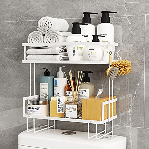 Timisea Flolding Over Toilet Storage, 2-Tier White Iron Bathroom Organizer with Hanging Hook & Adhesive Base, No Drilling Space Saver with Wall Mounting Design