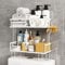 Timisea Flolding Over Toilet Storage, 2-Tier White Iron Bathroom Organizer with Hanging Hook & Adhesive Base, No Drilling Space Saver with Wall Mounting Design