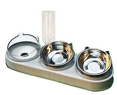 DEDEMCO Set di ciotole triple per cani e gatti, per cibo e acqua, inclinate a 15 gradi, con bottiglia d'acqua automatica, per alimenti umidi e asciutti, per cani gatti, grigio, 42.5x14.5x7.5cm