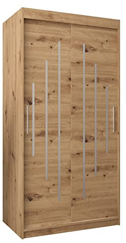 MEBLE KRYSPOL Schwebetürenschrank York 100 cm Kleiderschrank mit Kleiderstange und Einlegeboden Schlafzimmer- Wohnzimmerschrank Schiebetüren Modern Design (Artisan Eiche)
