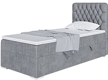 MEBLINI Boxspringbett mit Bettkasten - 90x200 - Gepolstert Einzelbett mit Matratze und Topper - Polsterbett mit Stauraum - Bett mit Kopfteil - Stauraumbett - Dalia - Links - H3/Grau Samt