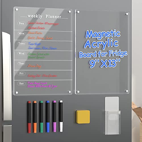 W&H 2pcs Acrylic Magnetic Dry Erase Board for Fridge, 9x13 Clear Weekly Calendar, Weekly Meal Planner Magnetic for Refrigerator, Acrylic Calendar Planning Board for Student, Home, Office, School