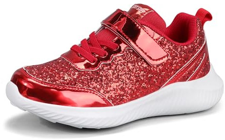 LUCKY STEP Glitzer-Sneaker für Kinder, Glitzernde Prinzessinnen-Tennis, Glänzende Pailletten-Sportschuhe für Kinder/Jungen/Mädchen (Rot, 3US-34EU-2UK)