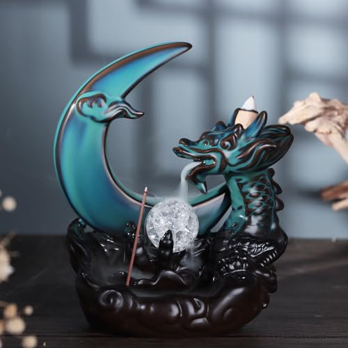 REAWOW Keramik Rückfluss Räuchergefäß Wasserfall Räuchergefäss Drachenmond Räucherstäbchenhalter mit 60 Schönheit Räucherwasserfall für Meditation Dekoration Zuhause Büro Yoga Spa Deko