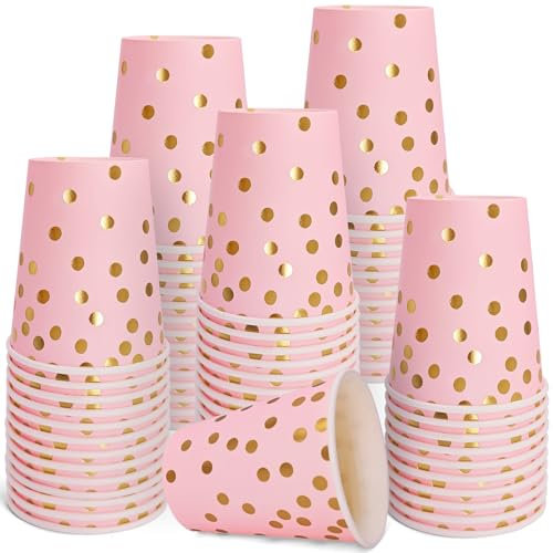 WYQJHKV Bicchieri di carta rosa e oro, 260 ml, bicchieri usa e getta, in lamina d'oro, per compleanni, feste di nozze (50 pezzi)