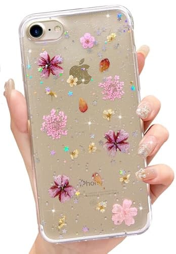 Abbery for iPhone SE 2022/SE 2022/8/7 Case Floral Cute Design Glitter&Sparkle Clear with Real Dried Pressed Pink Flowers Pattern Slim&Thin Soft TPU Protective Women Girl's Phone Cover