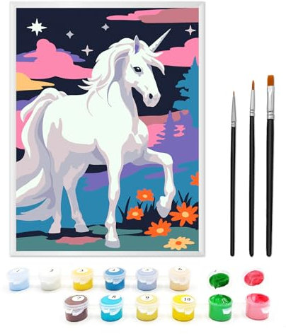 Zimrobin Peinture par numéros pour enfants de 5, 6, 7 ans, avec 3 différents types de pinceaux, cadre et peinture acrylique 17,8 x 24,1 cm (Belle Licorne Blanche)