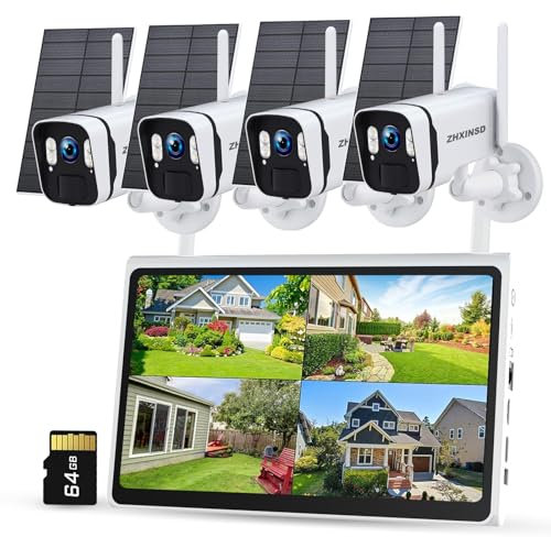 ZHXINSD Caméra de sécurité extérieure à énergie solaire, système sans fil, WiFi 5G/2,4 G, 4 caméras d'extérieur 4 MP avec panneau solaire, moniteur 10 canaux 10 pouces, détection humaine AI, audio