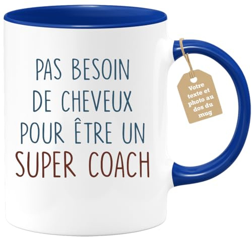 quotedazur Café-Croissant - Mug Personnalisé Coach Sportif, De Vie, Football, Basketball - Tasse Cadeau Pas Besoin De Beaucoup De Cheveux Pour Être Un Super Coach - Fin Année - Bleu/Céramique