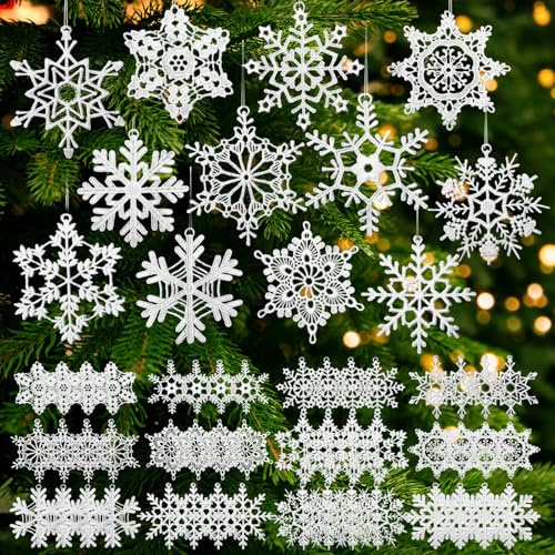 HunnmingRe 48 ornamenti natalizi all'uncinetto a forma di fiocco di neve, 12 stili, decorazioni invernali da appendere, per albero di Natale, pareti, feste, regalo intrecciato (bianco)