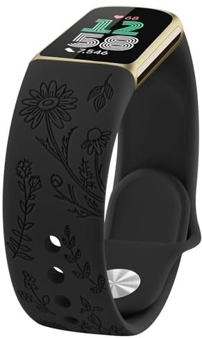 Tobfit Flower Pattern Strap compatible for Fitbit Charge 6 / Charge 5 Strap for Women Men, Adjustable Silicone Replacement Band (Black)