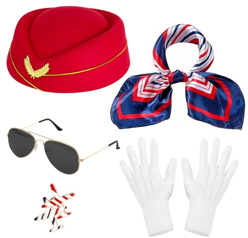 Horolam Flight Attendant Costume Accessories, Stewardess Costume Hat Scarf Pin Sunglasses Gloves for Woman Halloween Cosplay