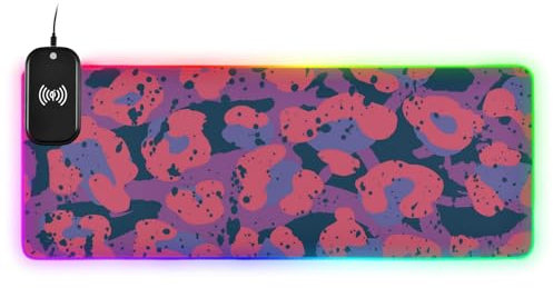 Lila Leopard Neon Stil Wireless Charging Leuchtend niedliche Tierunterlage Matte für Tastatur und Tier, großes Mauspad für Schreibtisch, rutschfestes Studio, 80 x 30 cm