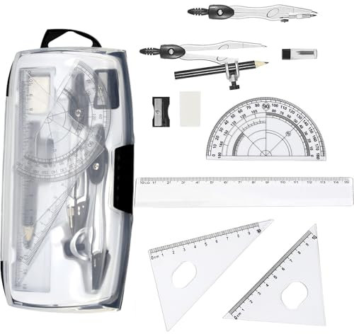 Firavggu 10-teiliges Mathematik Set, Geometrieset Zirke Schulzirkel Geometriezirkel mit Zeichnen Lineal Bleistift, Radiergummi, Spitzer, Winkelmesser, Geodreiecken, Ersatzminen für Schule, Büro
