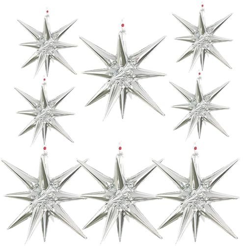 Yamobi 8 Stück Explosionsstern-Luftballons Silber 22 Zoll 27 Zoll 4D Folienballons Hochzeitsdeko Stern Party Deko Luftballons für Geburtstagsparty Motto