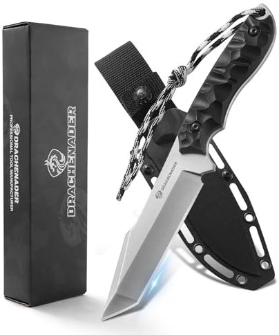 DRACHENADER Tanto Messer B-ER-TANTO POINT, Jagdmesser 13 cm Klingenlänge, 5Cr14MoV Stahl, Full Tang Messer Outdoor, Gürtelmesser mit ABS-Griff für Camping, Wandern (F-Klinge Silber-Schwarz Griff)