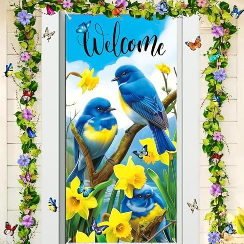 Frühlingdeko Tür, Türdeko Frühling mit Blumen Schmetterlings, Türabdeckung Frühling, Frühling Banner, 185 x 90cm, frühlings Deko für Ostern, Baby Shower, Frühling Party (Gelb)