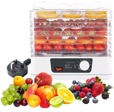 Food Dehydrator, 350W Portable Food Dehydrator UK - Electric Dehydrator Food Dryer UK with 5 Removable Trays 35-70° Temperature Adjustable Easy Cleaning for Home Kitchen Fruit Vegetables Meat Snacks