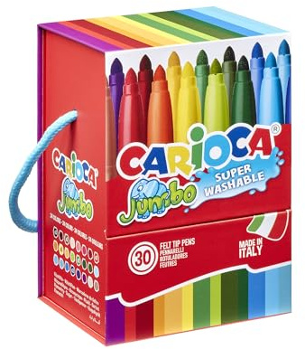 CARIOCA Jumbo Colors for Children - Super Washable Ink Markers, Maxi 6mm Tip, Maxi Octagonal Body, Gluten Free, Made in Italy (Rigid Box of 30 Markers)