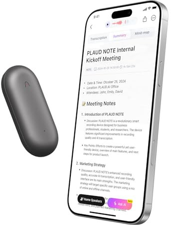PLAUD NotePin Registratore vocale IA, Controllo tramite app, Dispositivo per appunti IA, Trascrizione e riepilogo IA, Supporto per 112 Lingue, Memoria 64 GB, Registratore audio per riunioni, Grigio