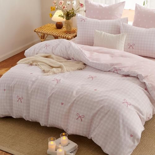 Lanqinglv Bettwäsche 135x200 Mädchen Rosa mit Schleifen Kariert Kinder Bettwäsche aus Microfaser,Rosa Herzen ÖKO-TEX Bettwäsche Set - Wende Bettbezug mit Reißverschluss und 1 Kissenbezug 80x80 cm