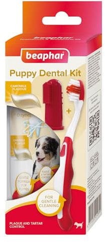 Beaphar - Puppy Dental Care Kit - Toothbrush, Finger Toothbrush & Camomile-Flavoured Toothpaste with Enzymes - Helps Control Plaque & Tartar - 1x Brush, 1x Finger Brush & 50g Toothpaste