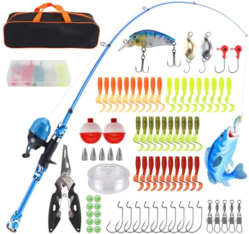 Angelset für Kinder – 1,5m Teleskoprute mit Rolle + über 80+ Zubehörteile – Angelrutenset für Jugendliche, Komplettset für Anfänger, Angeln Reiseausrüstung (Jungen & Mädchen 3-10 Jahre)