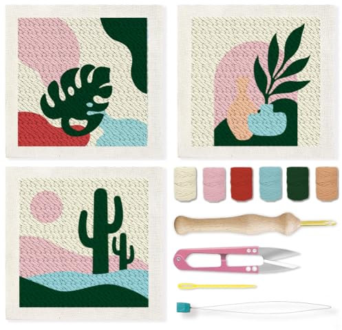 BEUNITONE 3 Sets Punch Needle Kits for Adults Beginner Plants Punch Stitching Kit Leaf Cacti Embroidery Starter Kits with Instruction Square Punch Needle Frame for Wall Home Decor 9.4'' x 9.4''