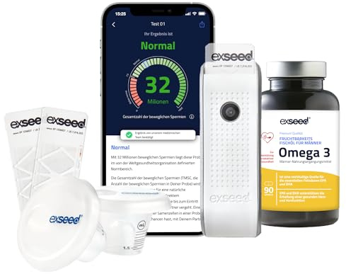 ExSeed Health Spermatest für Zuhause +Omega 3 Kapseln Hochdosiert – Fruchtbarkeitstest für Männer mit Premium Fischöl – Unterstützt Spermienqualität & Hormone – 2 Tests + 60 Softgels
