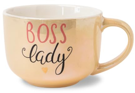 New Bone China Soup Mug with Decal 500ml Boss Lady Quote Ceramic Coffee Cup Pastel Colours Gift Mug for Women Students, Co-Workers (H 7cm x W 10.5cm) Assorted Colours (Gold)