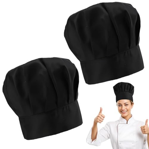 2 Gorros Cocinero Negro Polialgodón 55-59cm Elástico Restaurante Panadería | Tejido transpirable, banda elástica, lavable máquina, talla universal, higiénico para cocinas profesionales y cosplay