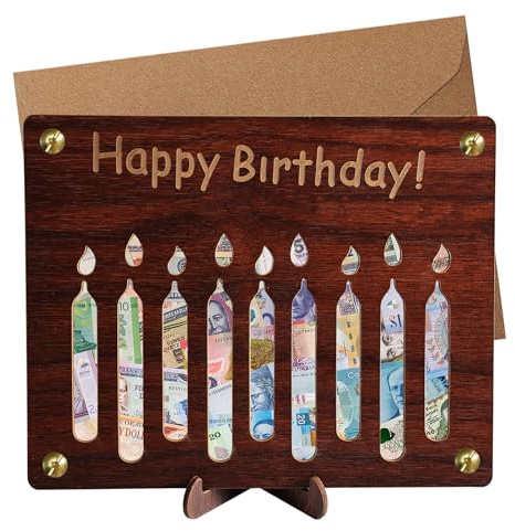 ASOFTY Geldgeschenk aus Holz zum Geburtstag, Geburtstagskerze Geldgeschenke Verpackung Mit Grußkarten und Umschlag für Kinder und Erwachsene
