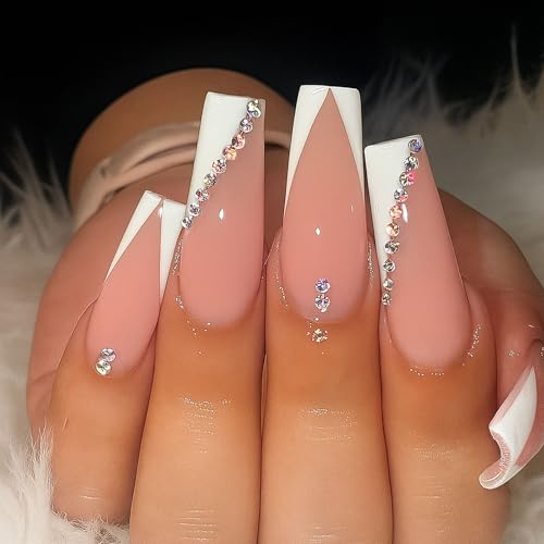 24PCS White French Press On Nails with Rhinestones - Long Square Coffin Shape with Tapered Tips - Handmade Stick On Fake Nails for Women Sculpted Full Cover Design Reusable Sleek Finish