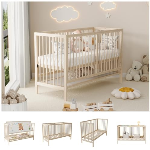 Generisch Holz Babybett Multifunktional Umwandelbar in Nebenbett Schreibtisch | Höhenverstellbar Mit CE/EN716 Zertifiziert | Aus Fichtenholz 140x60x90cm Natürliches Design Für Baby Kinderzimmer