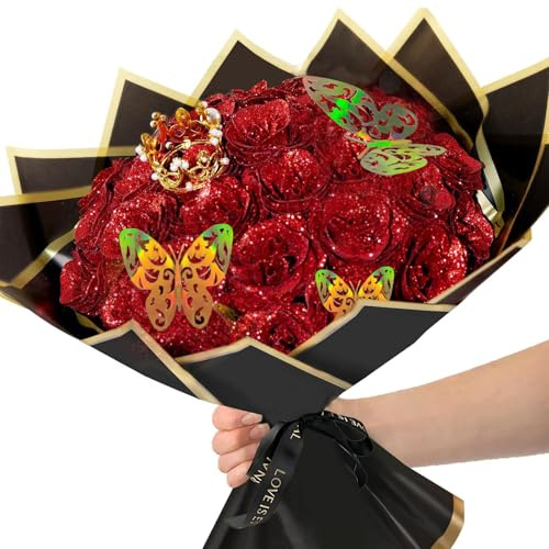 Wekuw 24 Pezzi Bouquet di Rose Glitterate Kit Fai Rosso
