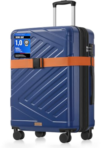SONGMICS Koffer, Reisekoffer, Hartschalenkoffer mit TSA-Schloss, Koffergurt, ABS-Trolley, 4 Zwillingsrollen, erweiterbar, L, 65 cm, hafenblau RLP002Q101