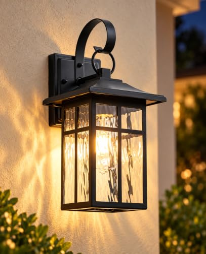 FTL Wandleuchte Aussen mit Wassergeriffeltes Glas, E27 Aussenlampe Wand, AußEnwandleuchten Modern Ausenbeleutung Hauswand Schwarz, Wandlampe Außen Garten, Veranda, Terrasse, IP44 Wasserdicht